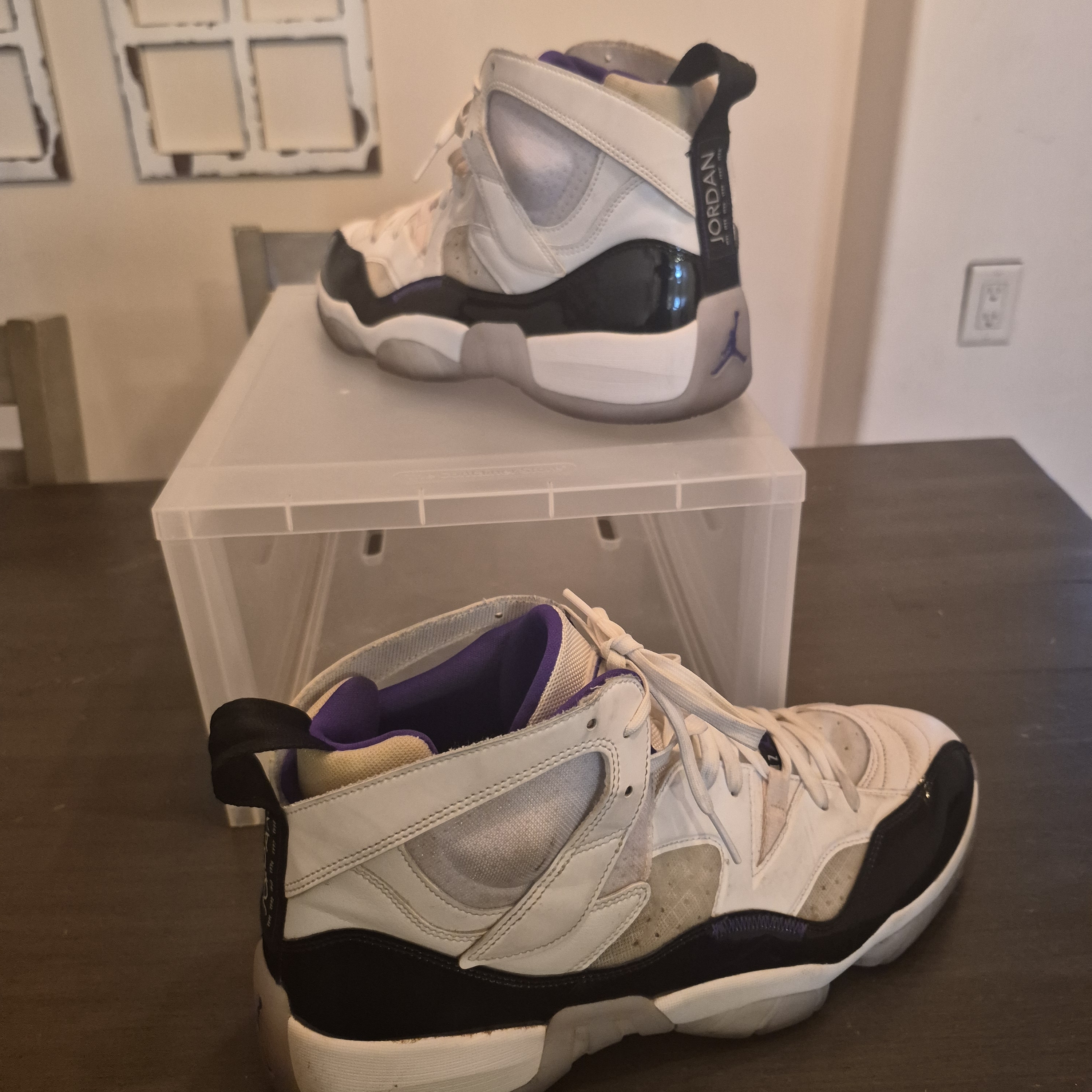 Jordan Kids' White And Black High Top Basketball Shoes With Purple Accents